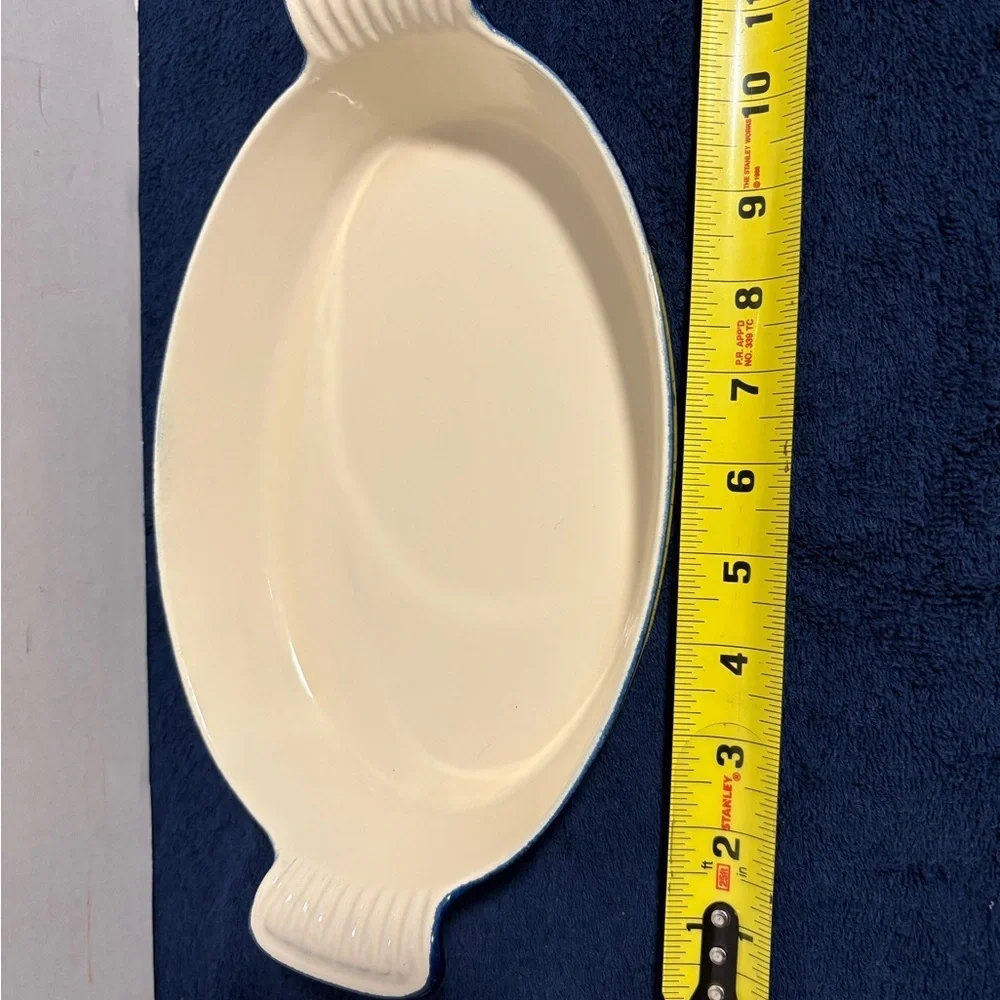 12” Scalloped Handle Cobalt Blue Enamel Cast Iron Oval Baker LQ IQ